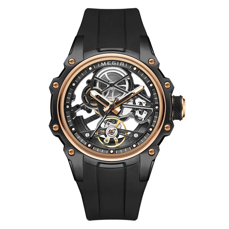 MEGIR Sports Automatic Mechanical Watch for Men Fashion Stainless Steel Cased Wristwatch with White Silicone Strap Skeleton Dial