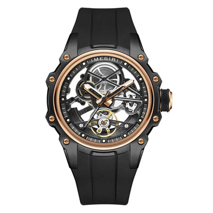 MEGIR Sports Automatic Mechanical Watch for Men Fashion Stainless Steel Cased Wristwatch with White Silicone Strap Skeleton Dial
