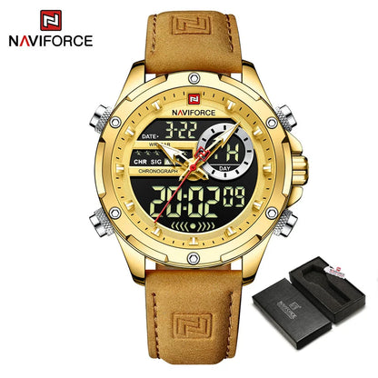 NAVIFORCE Montre tendance homme, charmante et accrocheuse, affichage du jour, de la date et de l'heure, bracelet en cuir souple, aiguille lumineuse, affichage LED, cadeau homme