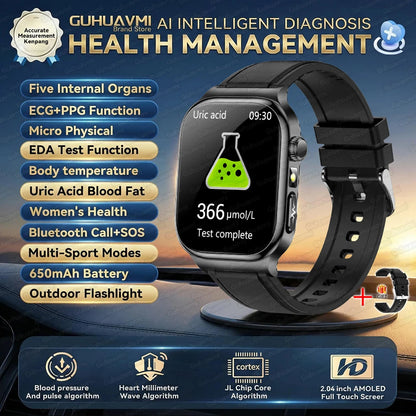 2026 Nouvelle Montre Connectée de Diagnostic Précis Graisse Corporelle ECG Oxygène Sanguin TA Santé Sport Écran AMOLED HD Appel Montres Intelligentes homme femme