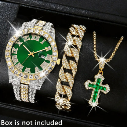 3 montres de luxe pour homme, bracelet, collier, ensemble, mode Hip Pop, montres à quartz avec calendrier pour homme, Reloj Mujer (sans boîte)