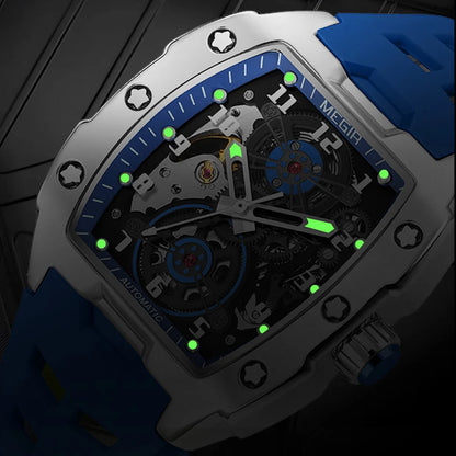 MEGIR Montre Homme Sport Tendance Boîtier Alliage Mécanique Étanche Bracelet Silicone Cadran Tonneau Aiguilles Lumineuses Montres-bracelets Homme