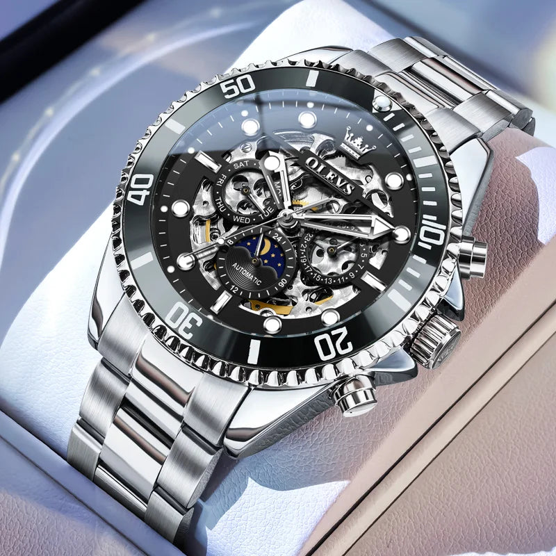 OLEVS Brand Luxury Automatic Mechanical Watch Men Skeleton Watch Week Date Waterproof Stainless Steel Hollow Business Men Watch
