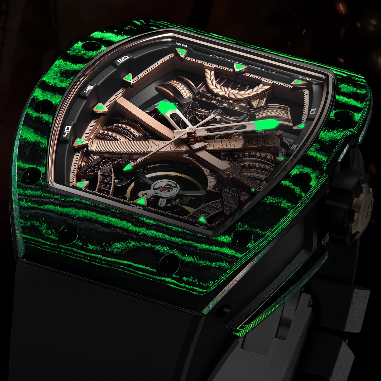 Montre automatique BONEST GATTI homme 42*54mm Tonneau Fibre de Carbone Montre mécanique Cadran Ninja Lumineux Verre Saphir