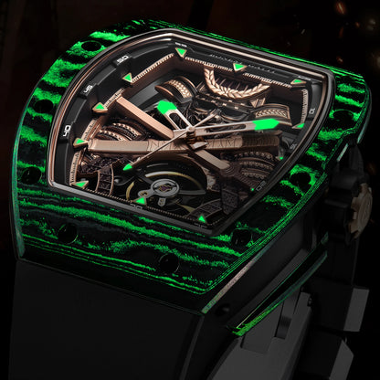 Montre automatique BONEST GATTI homme 42*54mm Tonneau Fibre de Carbone Montre mécanique Cadran Ninja Lumineux Verre Saphir