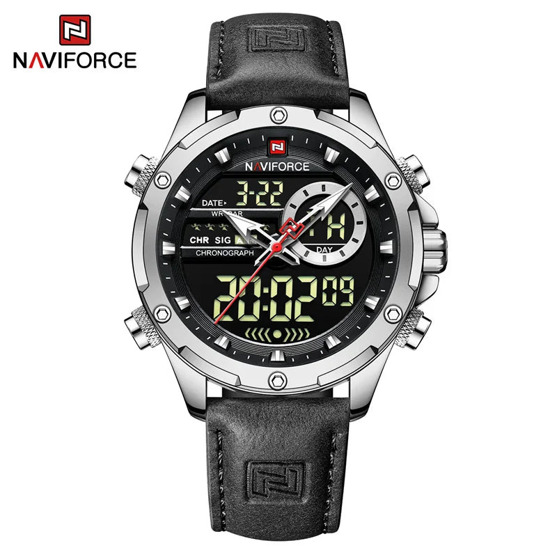 NAVIFORCE Montre tendance homme, charmante et accrocheuse, affichage du jour, de la date et de l'heure, bracelet en cuir souple, aiguille lumineuse, affichage LED, cadeau homme