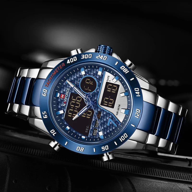Montres numériques NAVIFORCE pour hommes Montres-bracelets de sport de luxe en acier inoxydable à quartz Étanche militaire Lumineuse pour homme