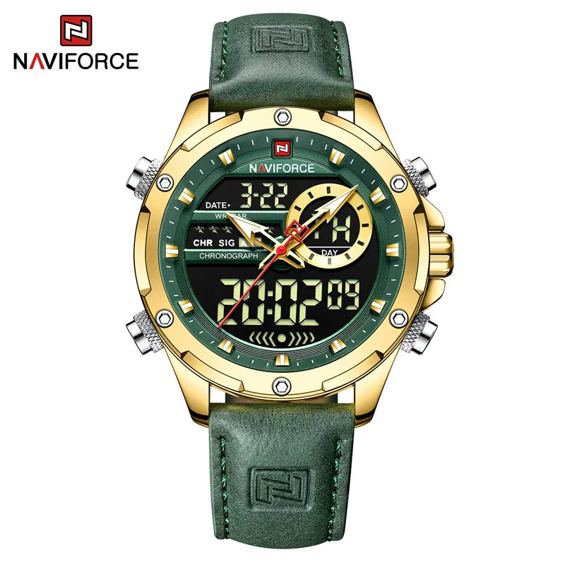 NAVIFORCE Montre tendance homme, charmante et accrocheuse, affichage du jour, de la date et de l'heure, bracelet en cuir souple, aiguille lumineuse, affichage LED, cadeau homme