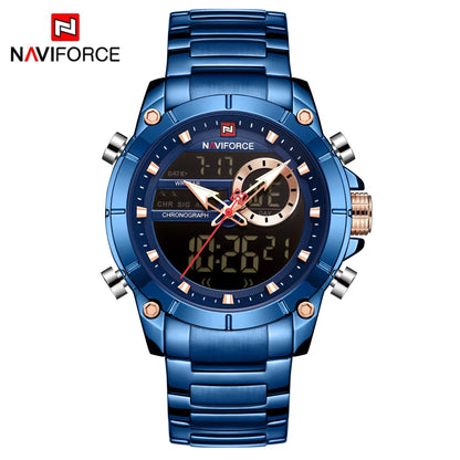 NAVIFORCE 9163 Montre-bracelet de sport de luxe originale pour hommes, mouvement à quartz, étanche en acier, double affichage, montres militaires Relogio Masculino
