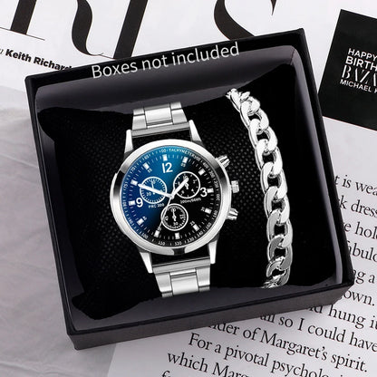 Men's quartz watch with stainless steel bracelet and matching accessory