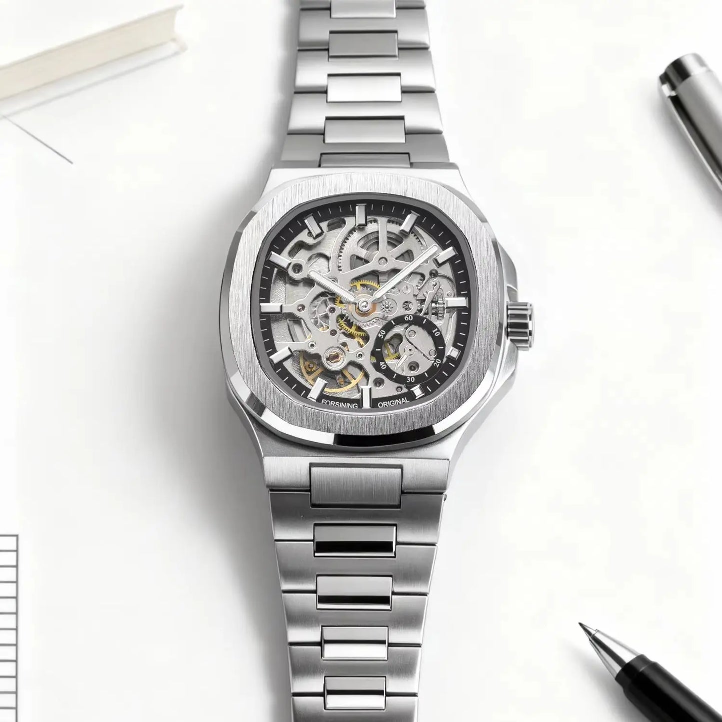 Forsining Fashion Skeleton Automatic Watch for Men Small Dials Luminous Hands Stainless Steel Strap Business Casual Mens Watches