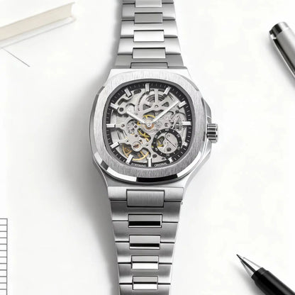 Forsining Fashion Skeleton Automatic Watch for Men Small Dials Luminous Hands Stainless Steel Strap Business Casual Mens Watches