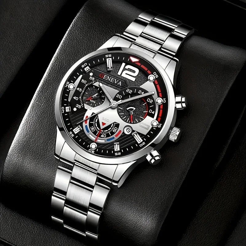 Montre à quartz pour hommes tendance 4pcs/1pcs - bracelet en acier inoxydable, boîtier rond en alliage de zinc, sports électroniques