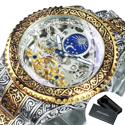 Montre Mécanique Squelette de Luxe Forsining Or Phase de Lune Rétro Gravée Lumineuse Tourbillon Automatique pour Homme Bracelet en Acier