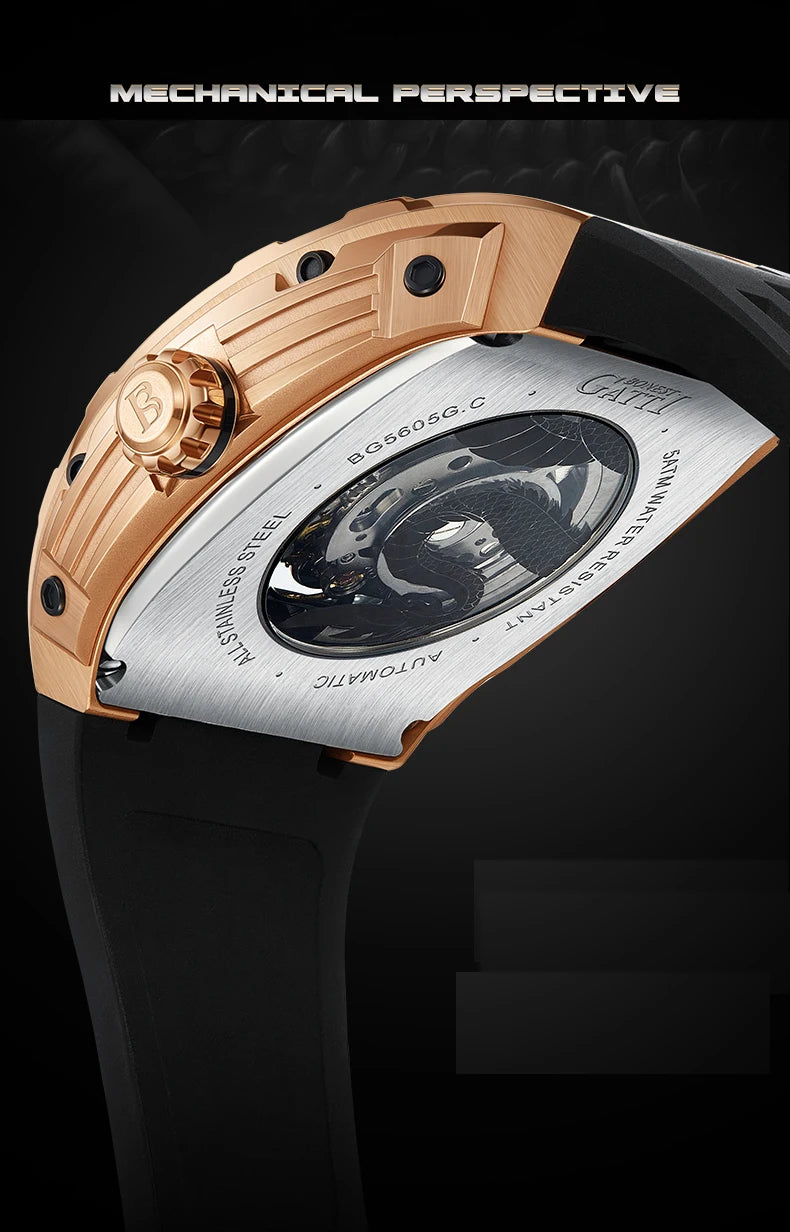 BONEST GATTI Montre automatique homme 43*50mm Tonneau Mécanique Saphir Lumineux Cadran Dragon Bracelet en fluorocarbone