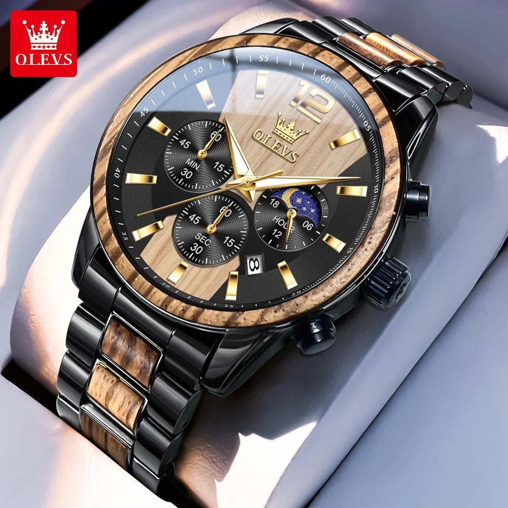 ChronoState OLEVS 3645 – Montre chronographe multifonction phases de lune | Montre de luxe pour homme à quartz et bois