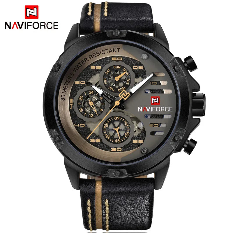 Montre Homme NAVIFORCE, Marque de Luxe, Étanche, Affichage 24 Heures, Date, Mouvement à Quartz, Bracelet en Cuir, Montre-Bracelet Sport pour Homme, Étanche