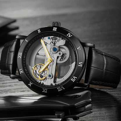 Skeleton automatic watch with leather strap and open-work dial