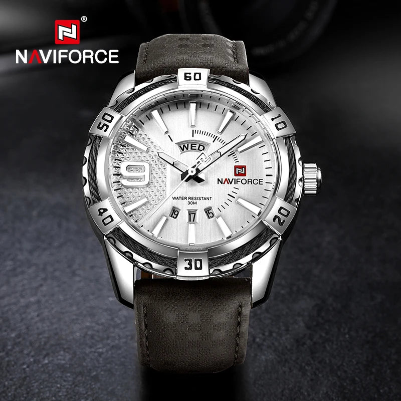 Montres NAVIFORCE militaires sportives lumineuses de luxe pour hommes, affichage du jour et de la date, étanches, en cuir, montres-bracelets à quartz pour hommes