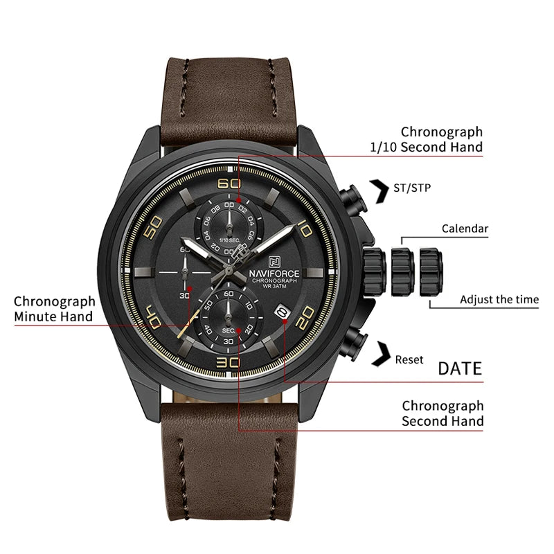 Montre homme décontractée NAVIFORCE Résistante à l'eau 3 ATM, calendrier, cadran lumineux avec bracelet en cuir, cadeau, design original