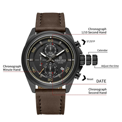 Montre homme décontractée NAVIFORCE Résistante à l'eau 3 ATM, calendrier, cadran lumineux avec bracelet en cuir, cadeau, design original