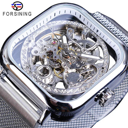 Forsining Montres mécaniques pour hommes, à remontage automatique, dorées transparentes, mode, maille acier, montre-bracelet squelette pour homme, chaude du moment
