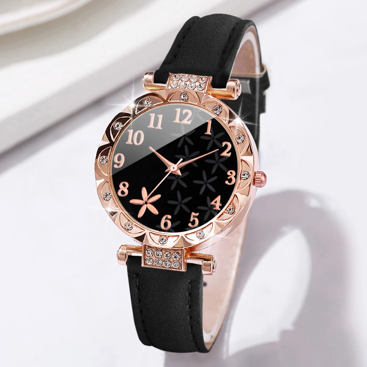 2 Pièces/Ensemble Montres Femme Bracelet Cœur Strass Ensemble Montre-Bracelet à Quartz en Cuir avec Cadran Fleur Tendance