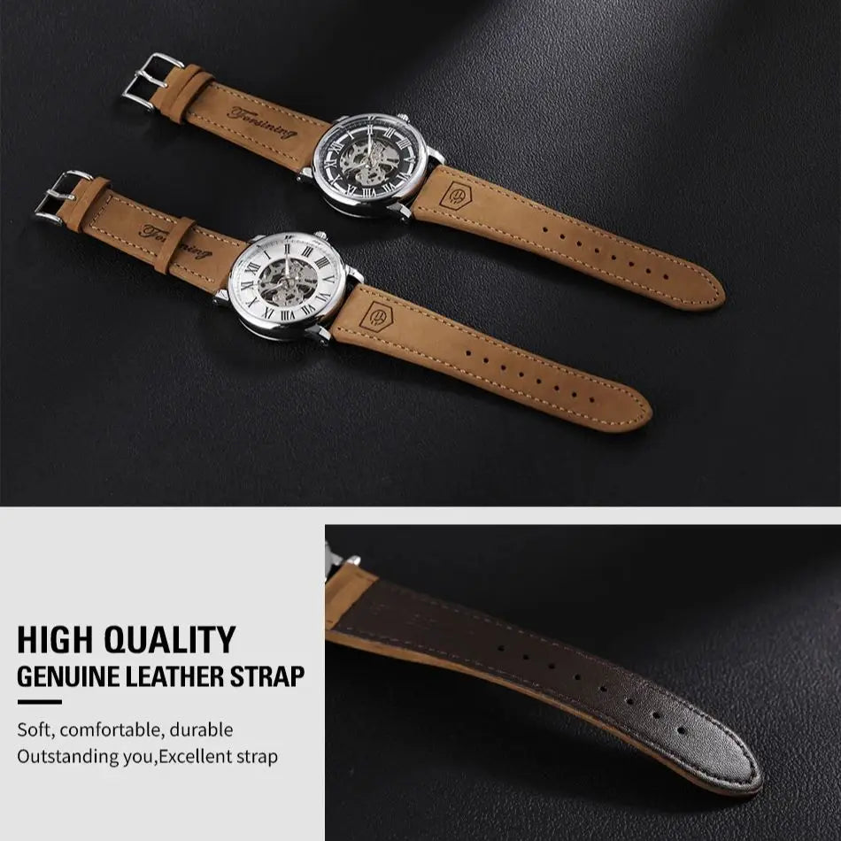 Montre bracelet Forsining Classique Squelette Remontage Manuel Aiguilles Lumineuses Montre Mécanique Homme Bracelet Cuir Marron Montre de Poignet Affaires