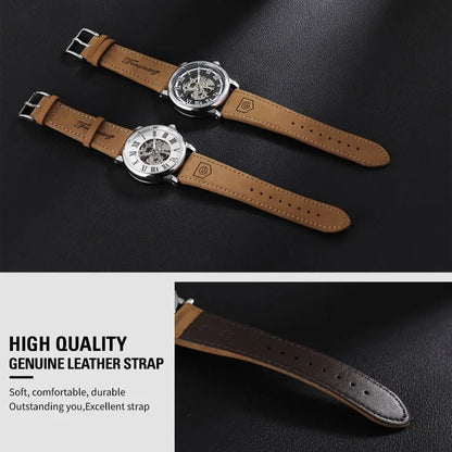 Montre bracelet Forsining Classique Squelette Remontage Manuel Aiguilles Lumineuses Montre Mécanique Homme Bracelet Cuir Marron Montre de Poignet Affaires
