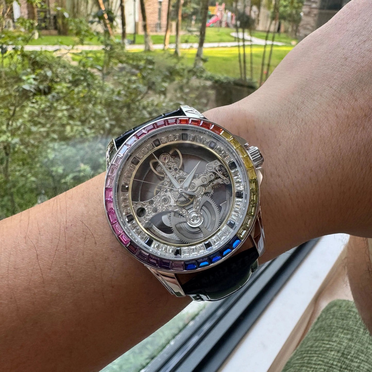 AOKULASIC Luxury Skeleton Automatic Watch for Men Fashion Black Leather Strap Luminous Hands Business Mechanical Mens Watches