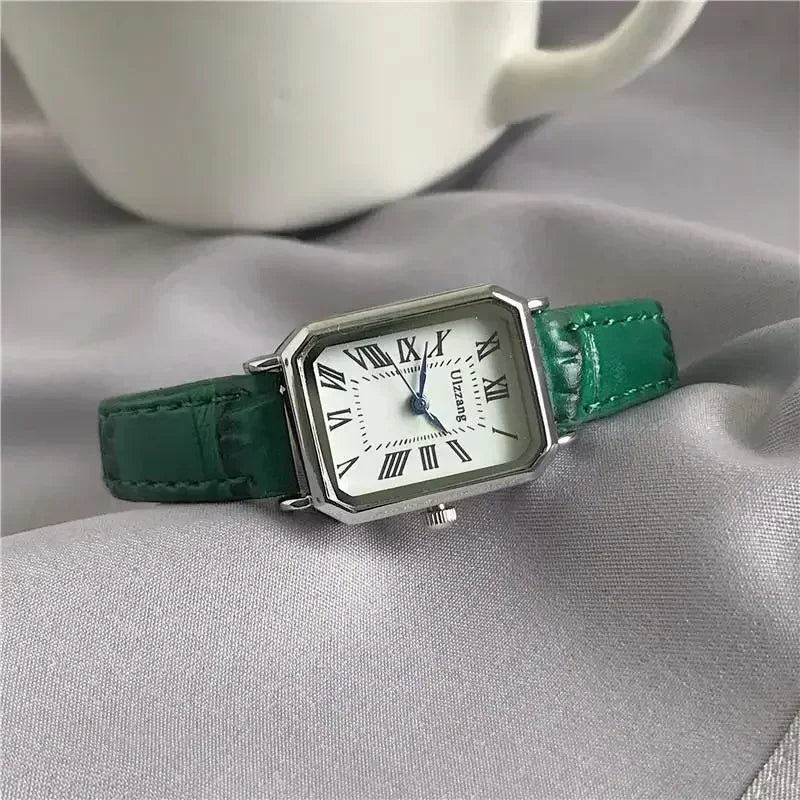Women's rectangle watch with leather strap and vintage-inspired dial
