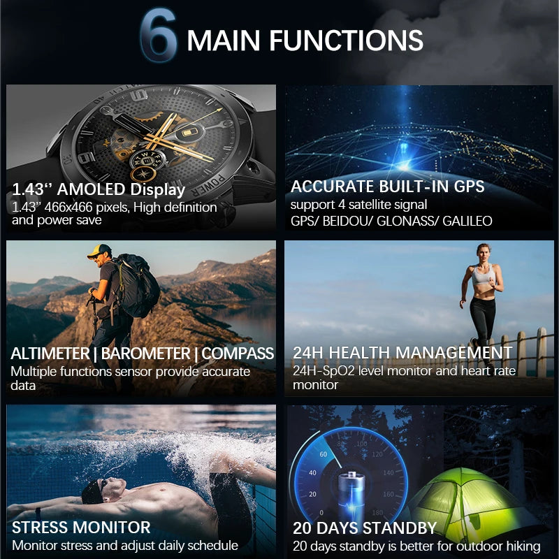 NORTH EDGE Cross Fit 3 Montres GPS Montre Sport Homme Écran AMOLED HD 1,43" ATM 50M Altimètre Baromètre Boussole Montre Intelligente pour Hommes