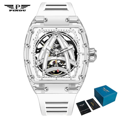 PINDU Designer Montre mécanique Tonneau creuse Homme Marque de luxe Squelette Automatique Montres Homme Sport Silicone Montre-bracelet JH3105
