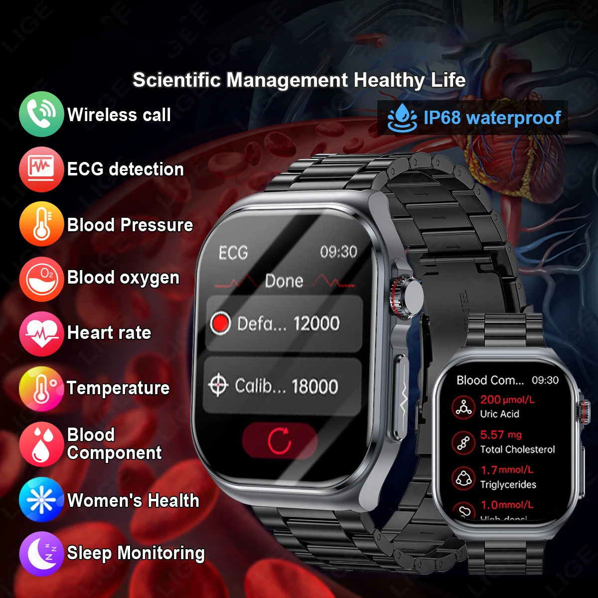 Montre intelligente LIGE AMOLED ET585 pour hommes avec ECG, surveillance de la composition sanguine, appels Bluetooth, suivi de la condition physique pour femmes, smartwatch.