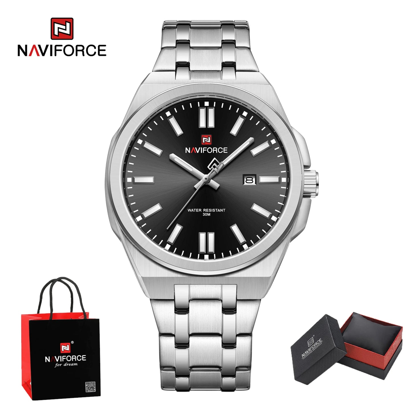 Montre bracelet de luxe à Quartz NAVIFORCE pour hommes, lumineuse, en acier, étanche avec calendrier, cadeau Reloj Hombre