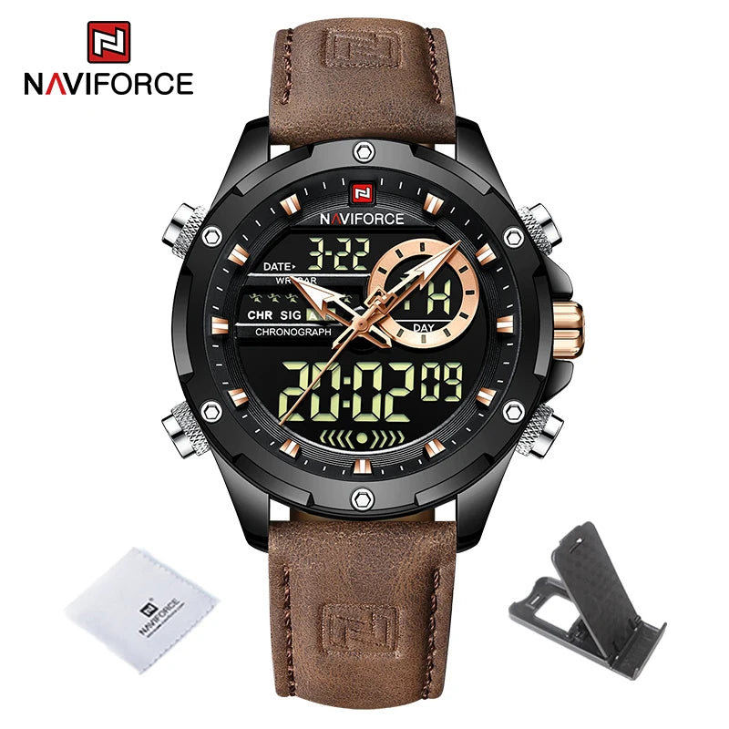 NAVIFORCE Marque Classique Homme Cuir Véritable Étanche Montre-Bracelet Sports Décontracté Mâle Quartz Numérique Militaire Chronographe Horloges
