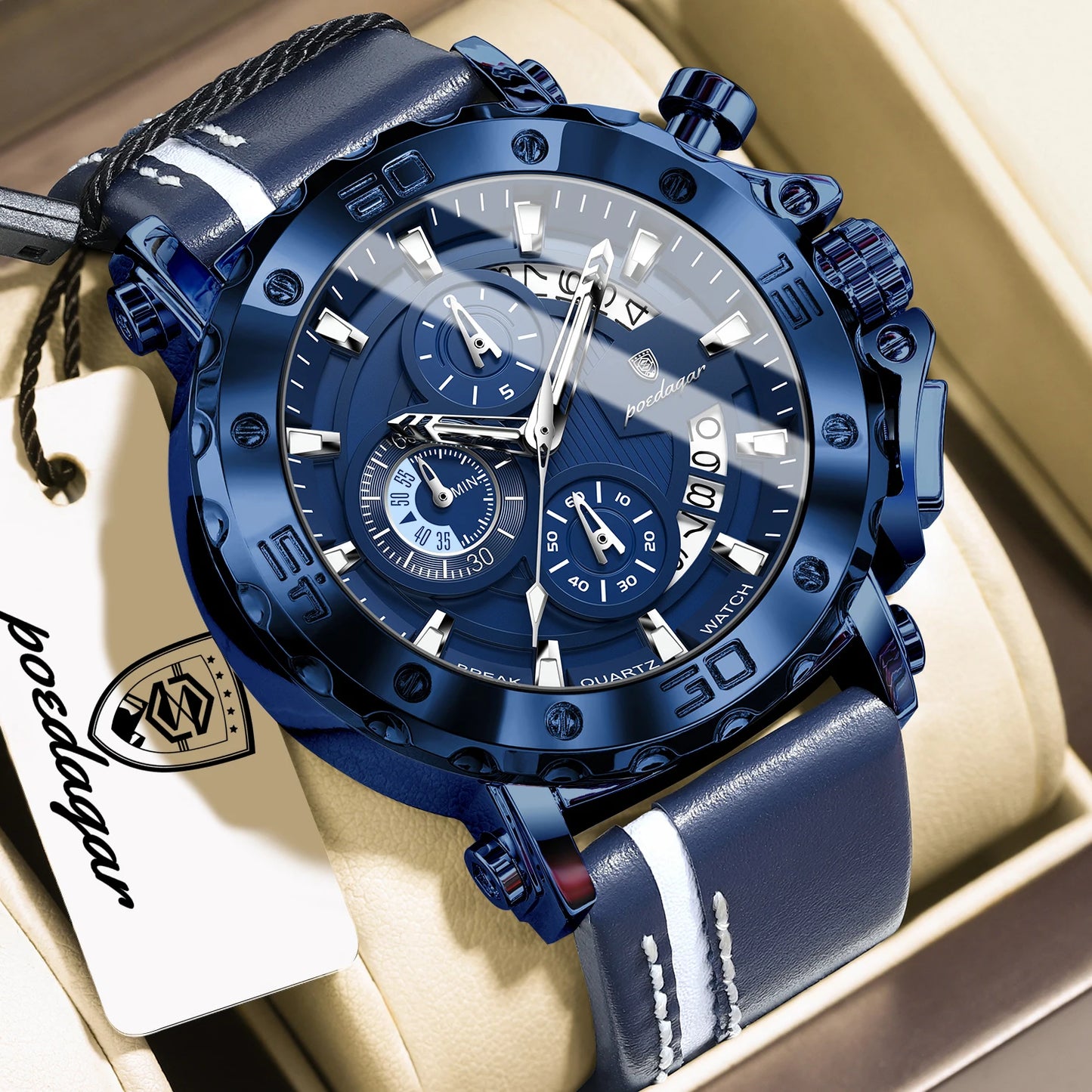 POEDAGAR Montres originales pour homme étanches lumineuses, date, mode, horloge masculine, chronographe, bracelet en cuir, montre-bracelet à quartz pour homme