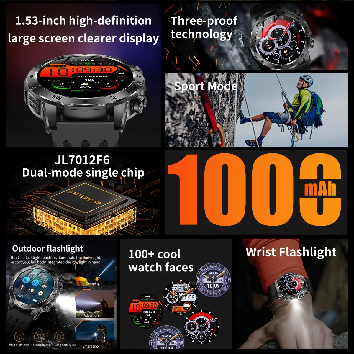 Montre Intelligente de Sport Extérieur GPS 2025 Hommes Écran AMOLED NFC Lampe de Poche Fréquence Cardiaque Étanche Appel Bluetooth 1000mAh SmartWatch