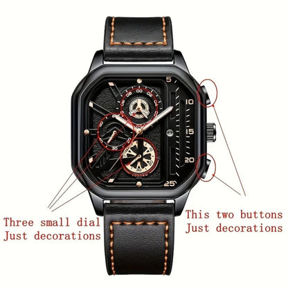 Big Dial Square Watch with PU Leather Strap 42mm 9mm Thickness