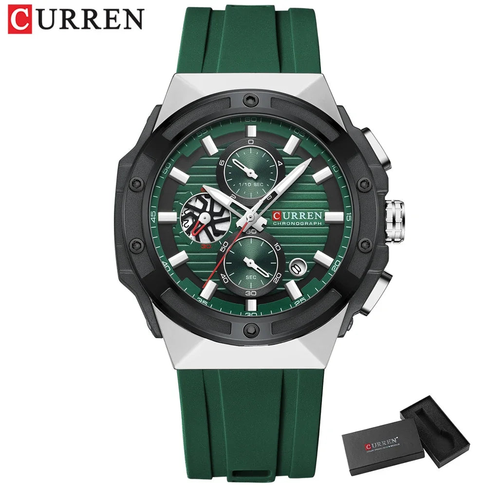 CURREN Montre à quartz multifonctionnelle de sport à la mode avec bracelet en silicone Cadran au design créatif Aiguilles lumineuses