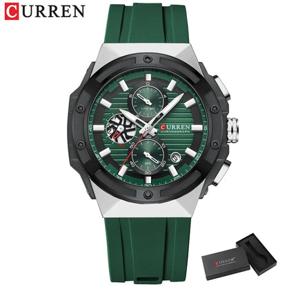 CURREN Montre à quartz multifonctionnelle de sport à la mode avec bracelet en silicone Cadran au design créatif Aiguilles lumineuses