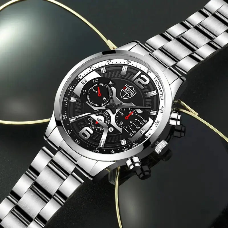 5PCS Set DEYROS Fashion Mens Calendar Watches Men Business Stainless Steel Quartz Wristwatch Male Casual Necklace Bracelet Watch
