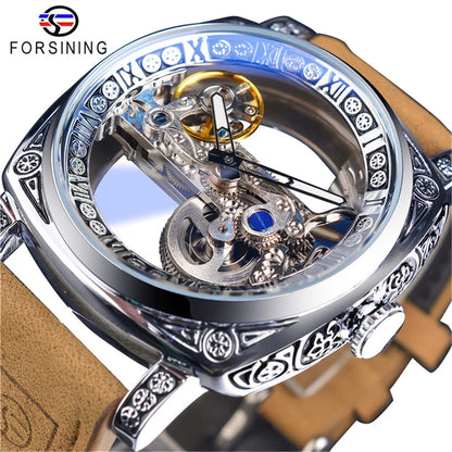Forsining 403B Montres-bracelets automatiques pour hommes avec cadran squelette argenté et bracelet en cuir marron, cadeau idéal pour une fête
