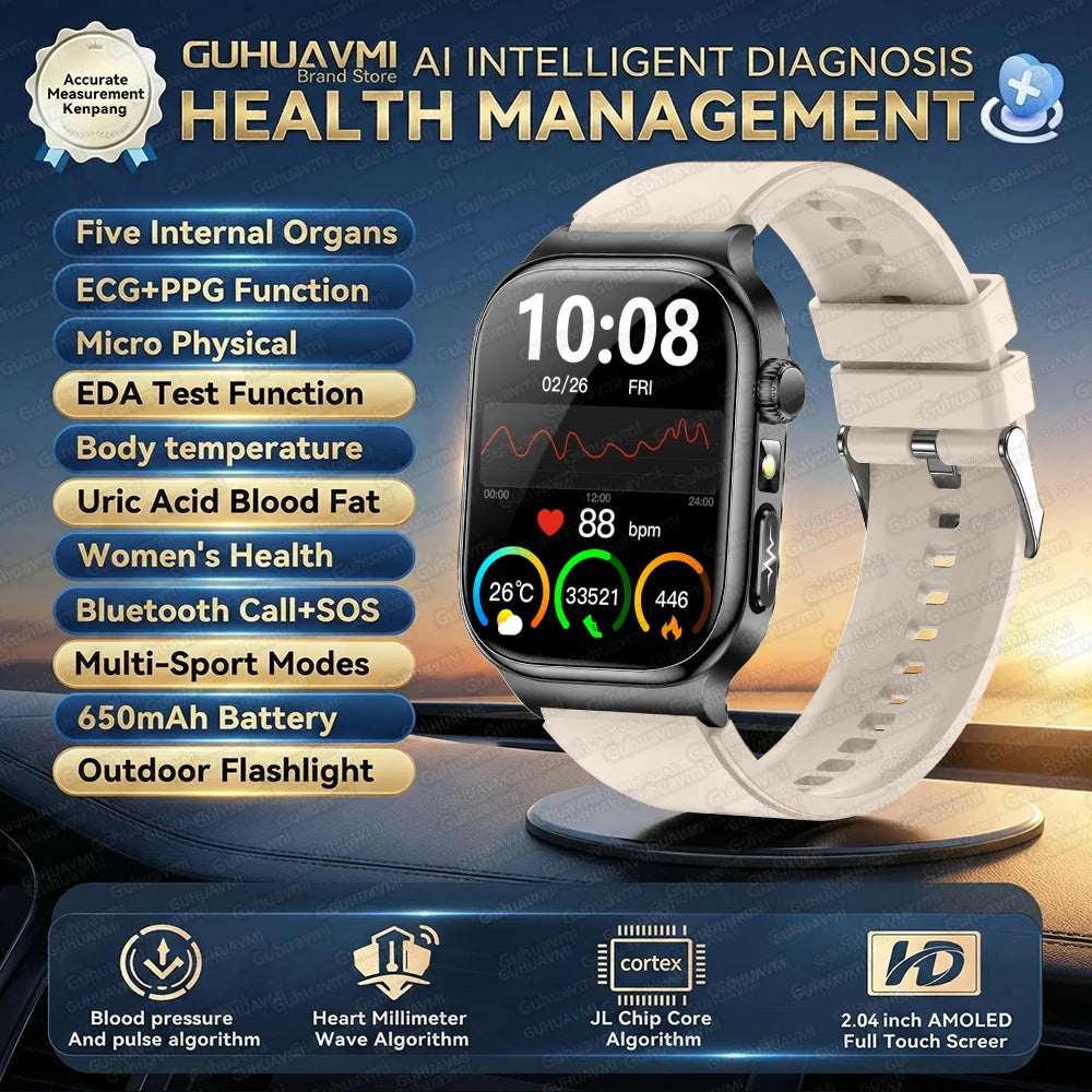 2026 Nouvelle Montre Connectée de Diagnostic Précis Graisse Corporelle ECG Oxygène Sanguin TA Santé Sport Écran AMOLED HD Appel Montres Intelligentes homme femme