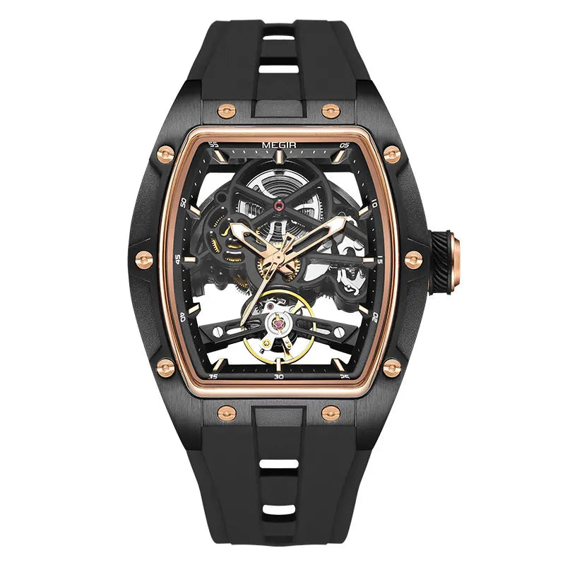 Montre-bracelet MEGIR pour hommes, mode, noire, étanche, mécanique automatique, avec aiguilles lumineuses, bracelet en silicone, cadran tonneau 2242