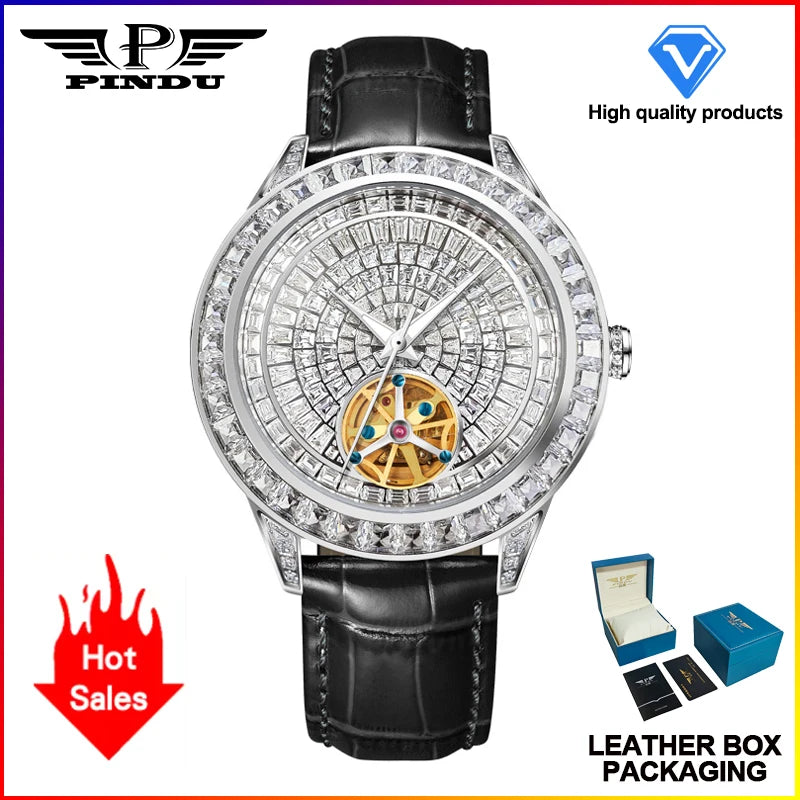 PINDU Design Diamond Mechanical Automatic Watch Stainless Steel