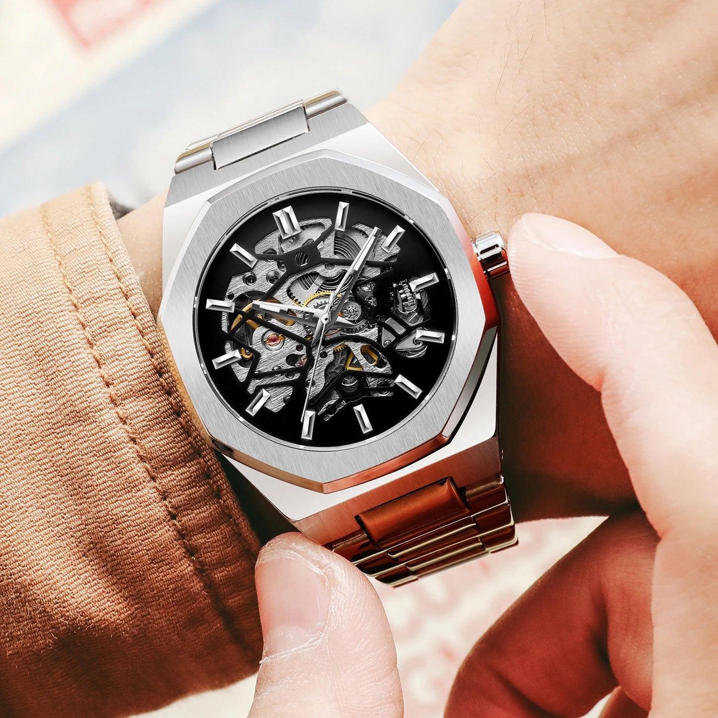 FORSINING Montres Homme Automatiques de Marque Supérieure Mécanique Transparente Étanche Militaire en Acier Inoxydable Montres-bracelets Sport