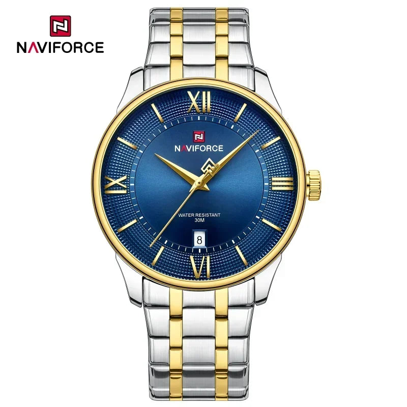 NAVIFORCE Nouvelle Montre à Quartz pour Homme avec Bracelet en Acier Inoxydable, Calendrier, Modèle Business Décontracté, Étanche et Antichoc