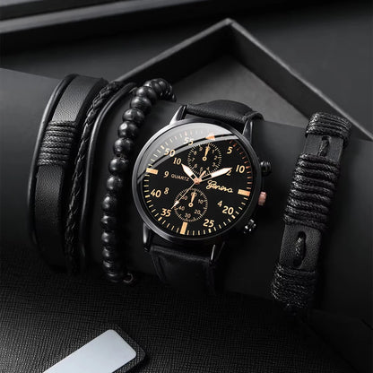 Lot de 4 montres bracelet en cuir pour hommes, à quartz analogique, avec bracelets tressés (sans boîte)