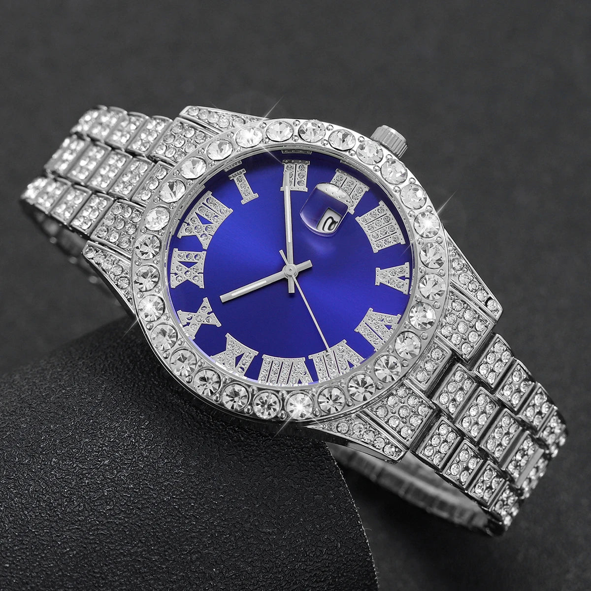 Montre à Quartz de Luxe Entièrement Diamantée pour Homme, Montre-Bracelet à Quartz Masculine Tendance avec Calendrier et Bracelet en Acier Inoxydable, Horloge de Date Reloj Hombre
